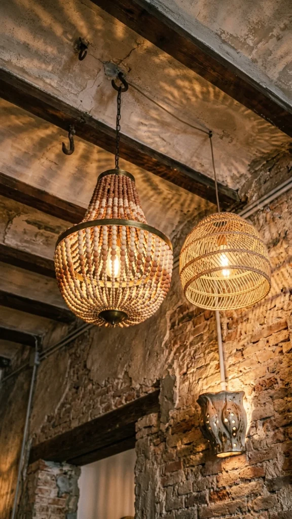 Exposed brick and wood ceiling showing unique light fixtures including a wooden bead chandelier and a woven rattan pendant.