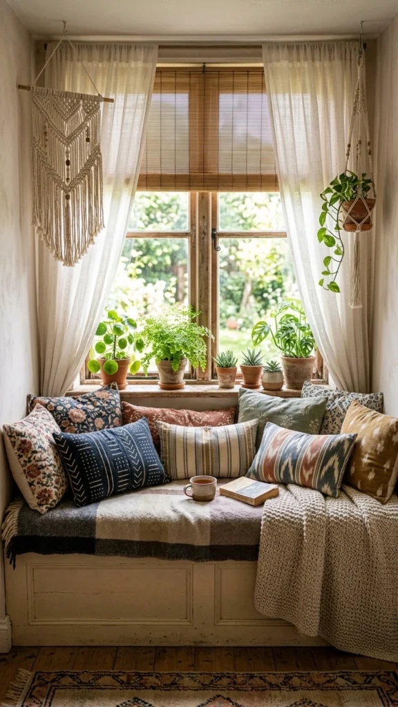 Comfortable window bench filled with patterned cushions, surrounded by indoor plants and a macrame wall hanging.