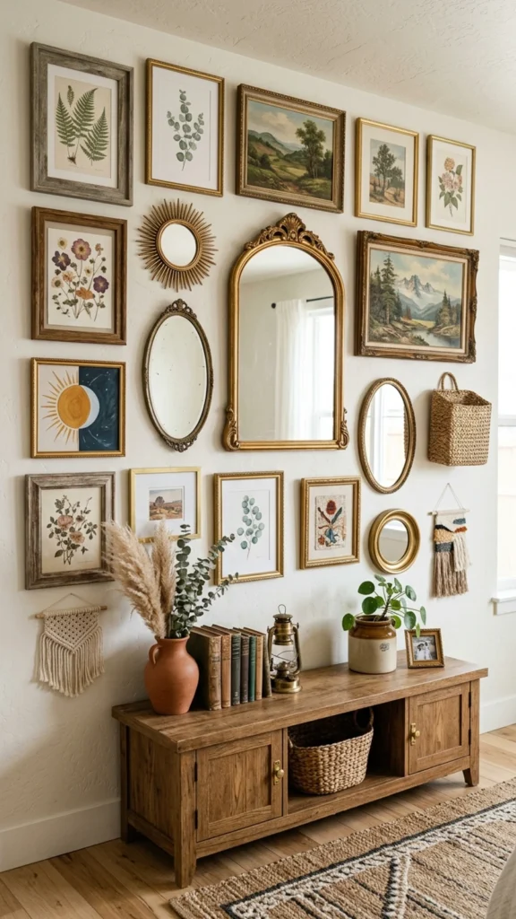 Large living room wall covered in an eclectic gallery of vintage art, gold mirrors, and a wooden console table with pampas grass.