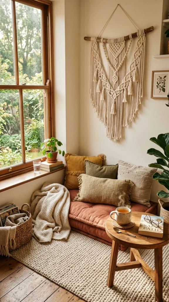 Cozy corner with a thick floor cushion, a chunky knit blanket, a macrame wall hanging, and tea on a wooden stool.