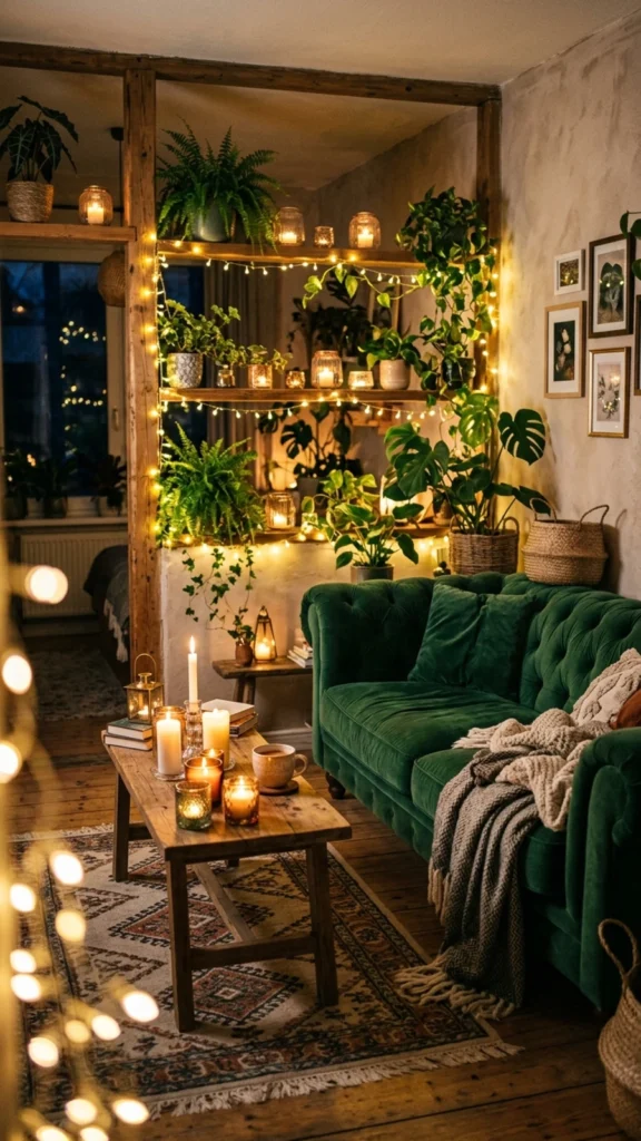 Atmospheric living room featuring a green velvet sofa and a wooden divider filled with potted plants and warm fairy lights.
