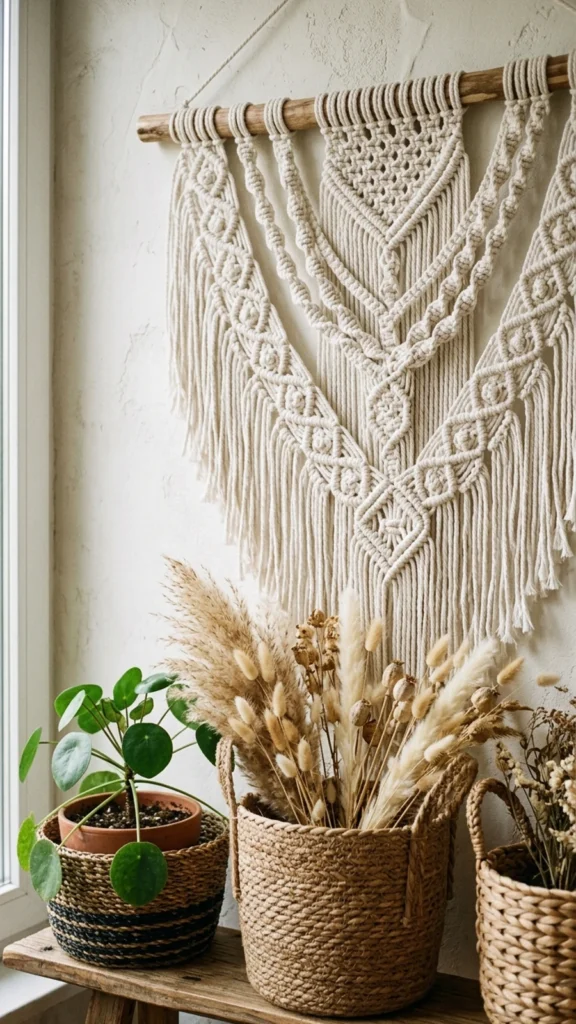 Detailed macrame wall hanging suspended from a wooden branch above woven baskets filled with dried grasses and a small potted plant