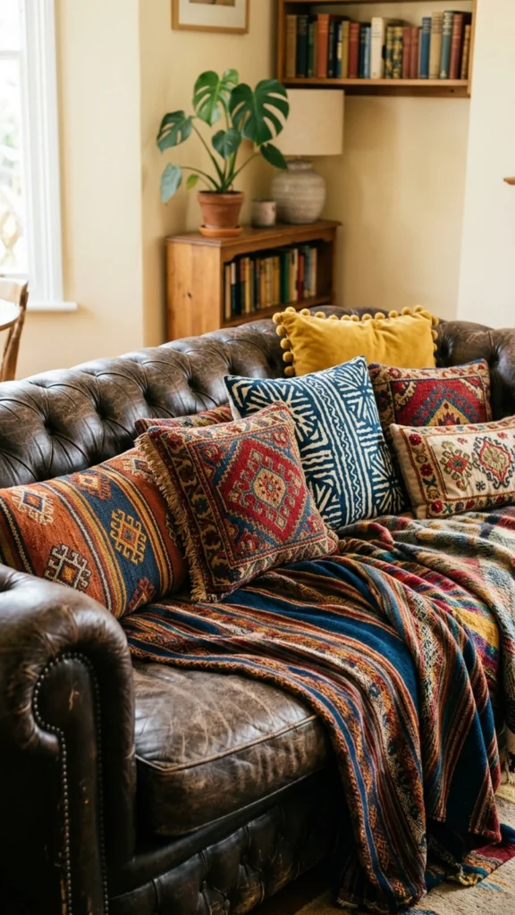 Classic brown leather tufted sofa heavily decorated with vibrantly colored, patterned bohemian throw pillows and a striped blanket.