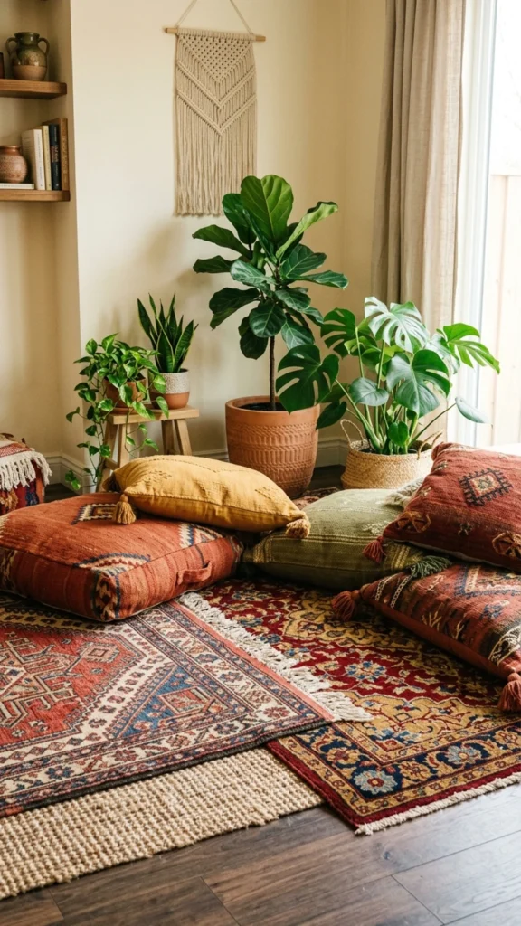 Relaxed living area featuring multiple overlapping patterned rugs, colorful floor cushions, and large potted monstera plants.