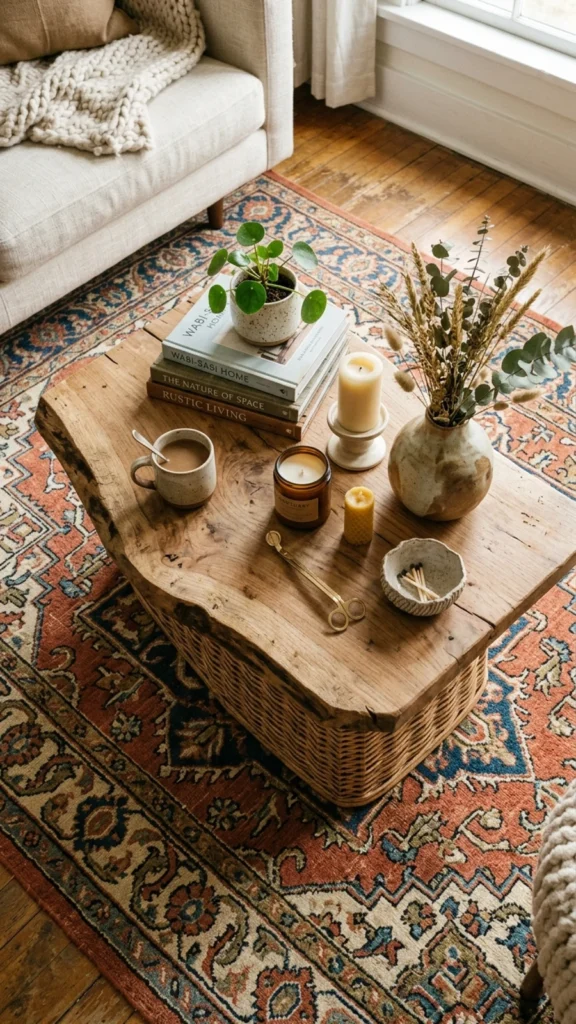 Rustic living room setup with a live edge wooden coffee table on a rattan base, styled with candles, plants, and coffee over a patterned rug.