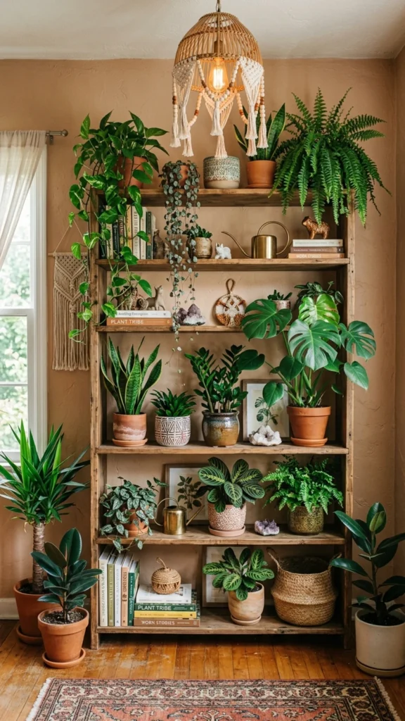 Tall rustic wooden shelving unit completely filled with a wide variety of lush green indoor plants in terracotta and ceramic pots.