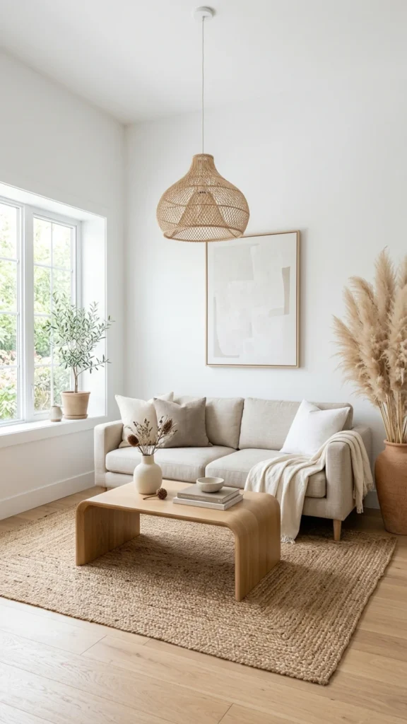 Light and airy living room with a beige sofa, a woven rattan pendant light, a curved wooden coffee table, and tall pampas grass.