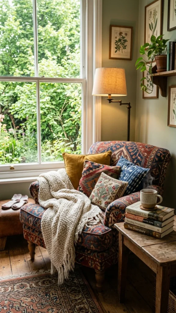 Cozy reading corner with a heavily patterned armchair, throw blanket, books, and tea next to a bright window.