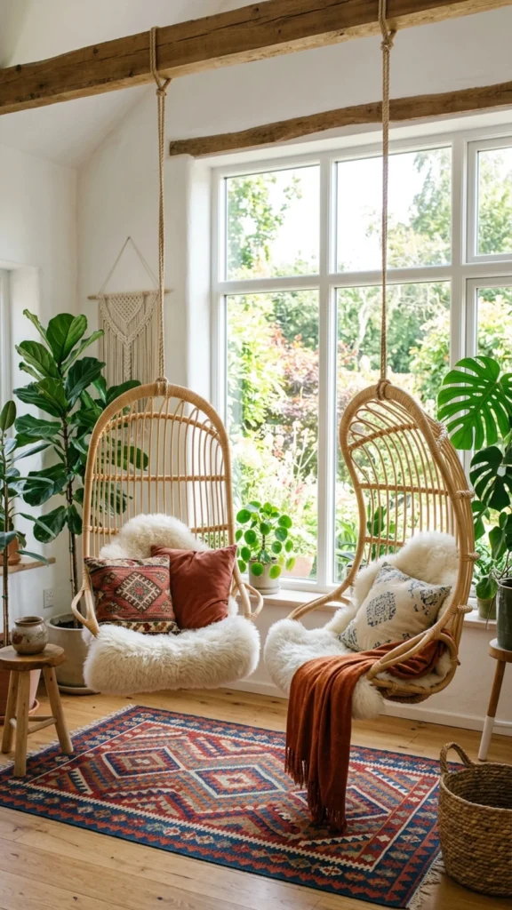 Sunroom featuring two woven rattan hanging chairs suspended by ropes, layered with sheepskin rugs and decorative pillows.