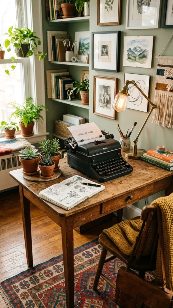 Creative workspace showing a vintage black typewriter on a rustic wooden desk with potted succulents and an art gallery wall.