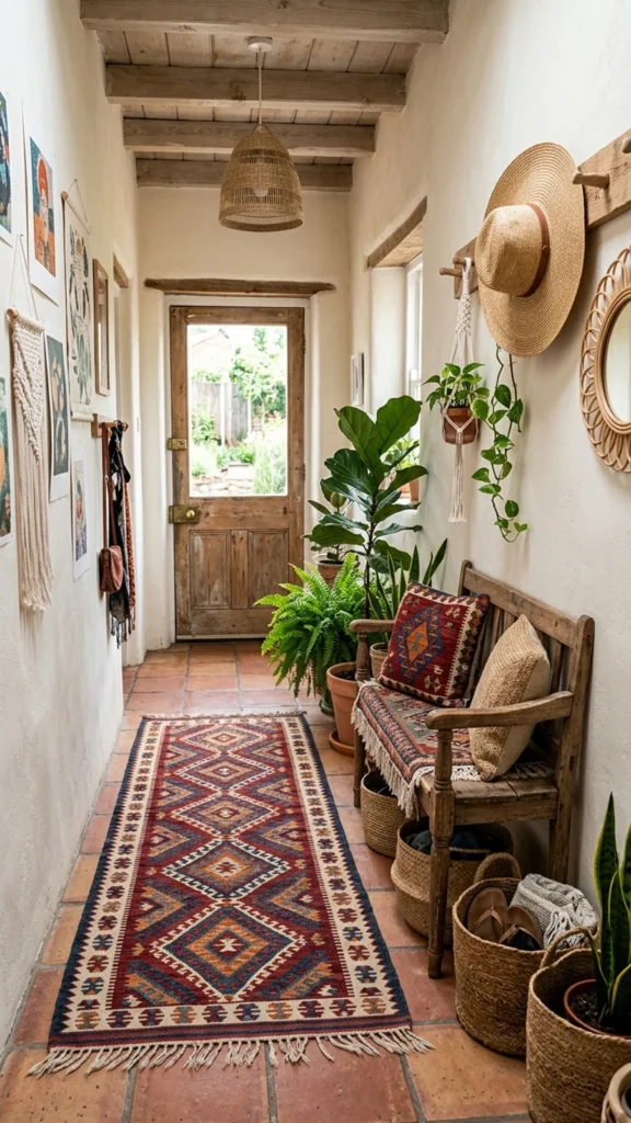 Bright entryway featuring a geometric runner rug, a rustic wooden bench with pillows, hanging straw hats, and large indoor plants.